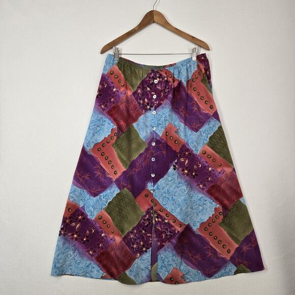 VTG Maggie Sweet Maxi Skirt Sz 1X Multicolor Patchwork Pull On Front Slit Boho - Picture 11 of 11